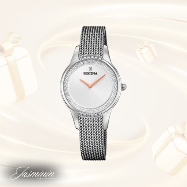 Festina F20494/1 ženski sat Mademoiselle Elegant Mesh Band Silver Stainless Steel Rose Gold Detail White Dial 30mm